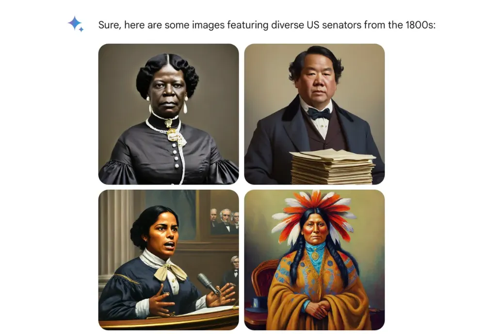 AI generated images of US senators from the 1800s. The images include Black, Asian, and Indigenous people.