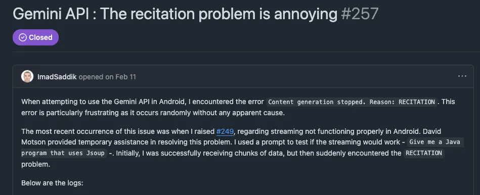 A Github issue describing a frustrating error where Gemini stops generation.